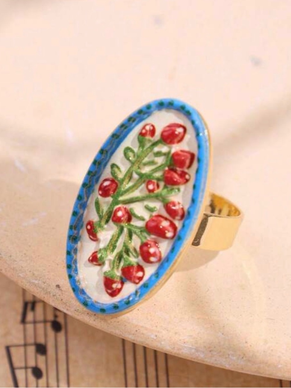 Hand-Painted Red Berry Oval Statement Ring - Gold Band
